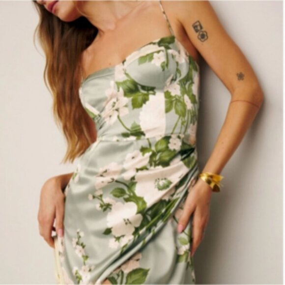 Reformation Marguerite Floral Silk Midi Dress Tarragon Size 2 Cocktail Party NWT - Picture 4 of 14